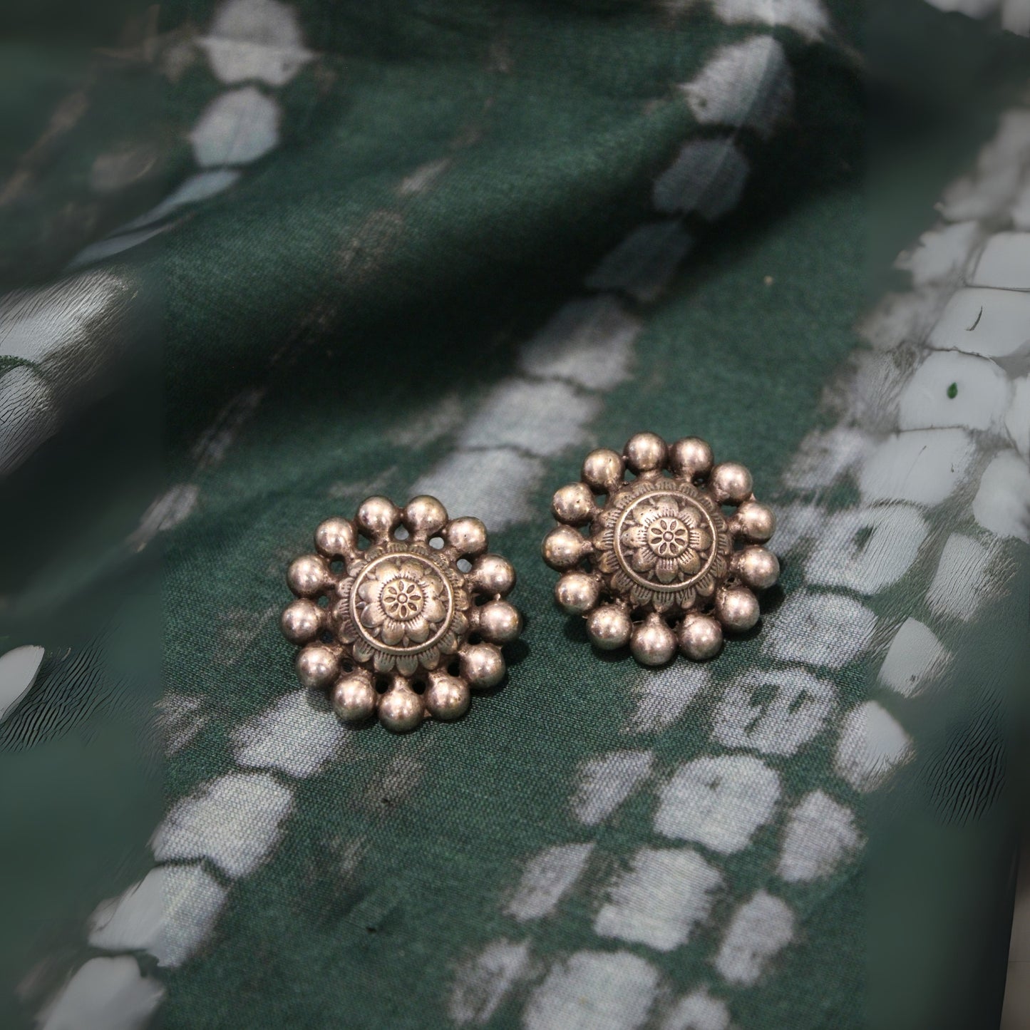 Floral oxidised silver studs