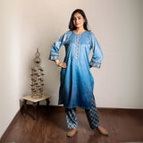 Blue Ombre embroidered micro velvet kurta