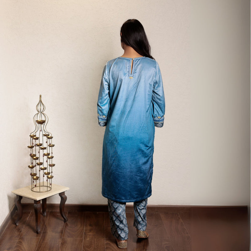 Blue Ombre embroidered micro velvet kurta