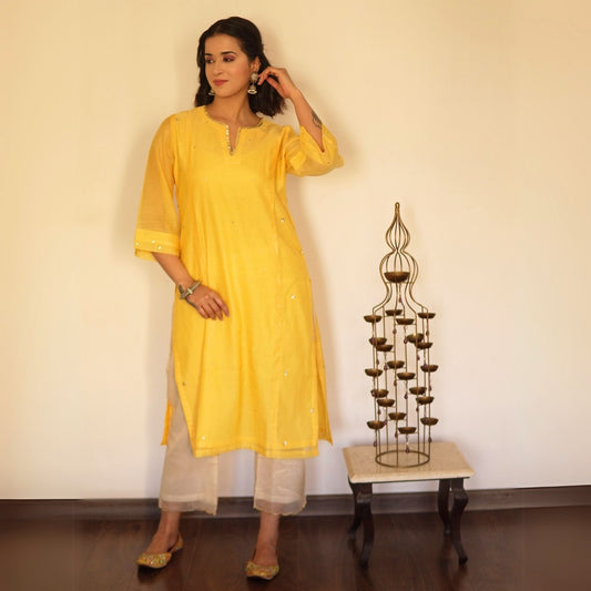 Yellow Chanderi Hand Embellished A-line Kurta