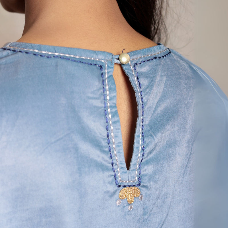 Blue Ombre embroidered micro velvet kurta