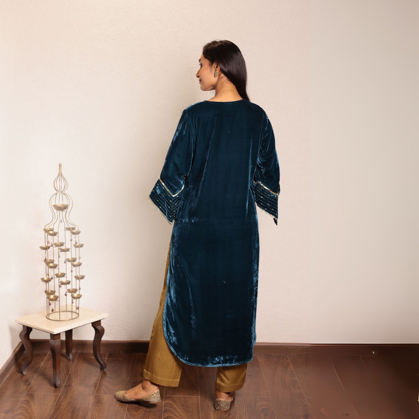 Teal hand embroidered kurta with mashru silk pants
