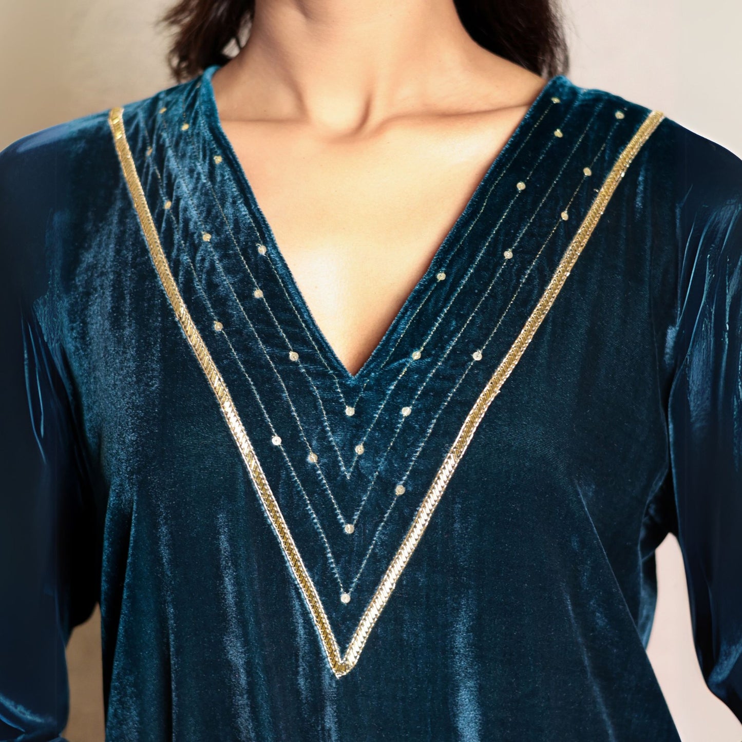 Teal hand embroidered kurta with mashru silk pants