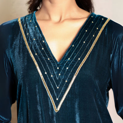 Teal hand embroidered kurta with mashru silk pants