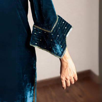 Teal hand embroidered kurta with mashru silk pants
