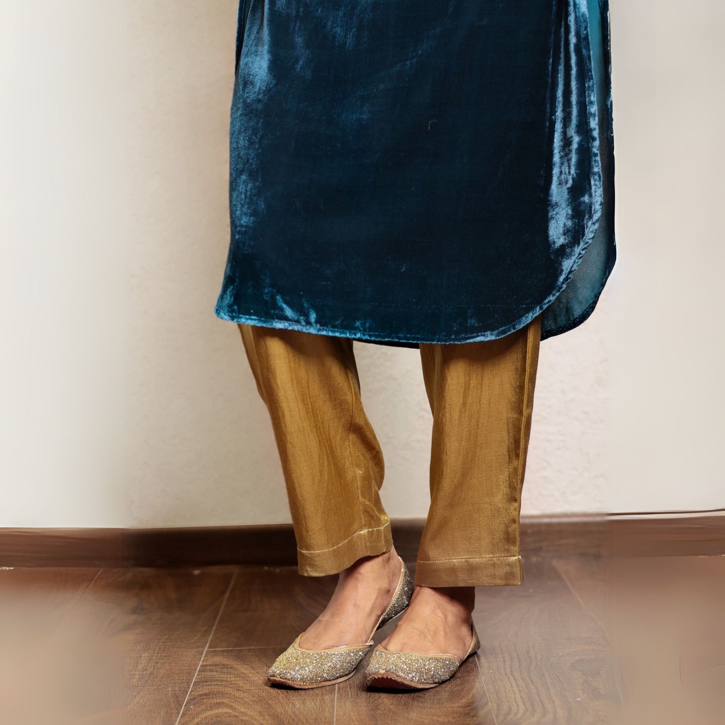 Teal hand embroidered kurta with mashru silk pants