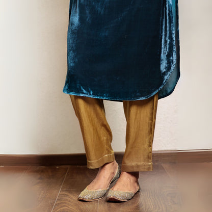 Teal hand embroidered kurta with mashru silk pants
