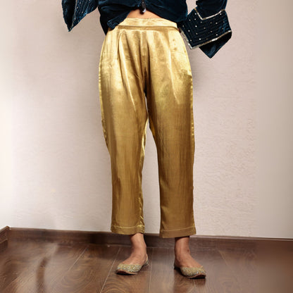 Teal hand embroidered kurta with mashru silk pants