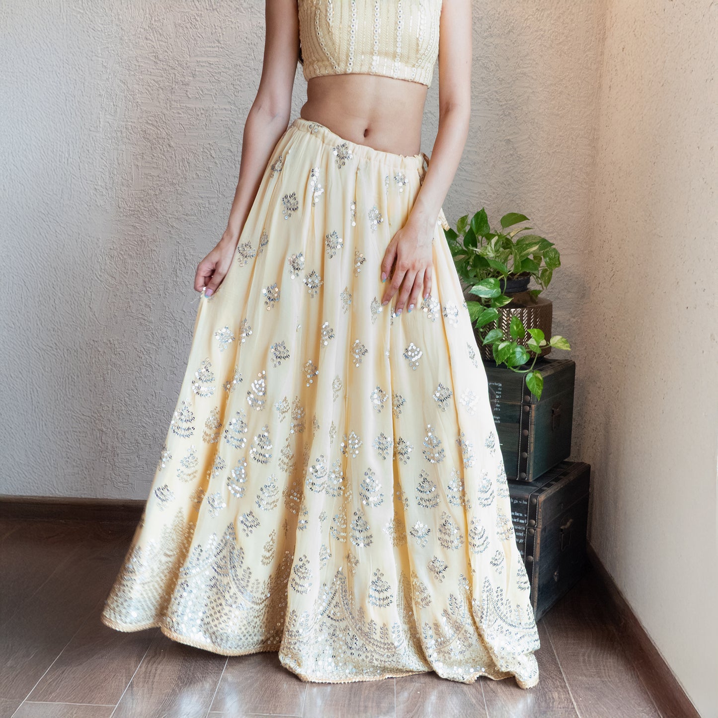 Beige Embroidered Lehenga Set with Organza dupatta