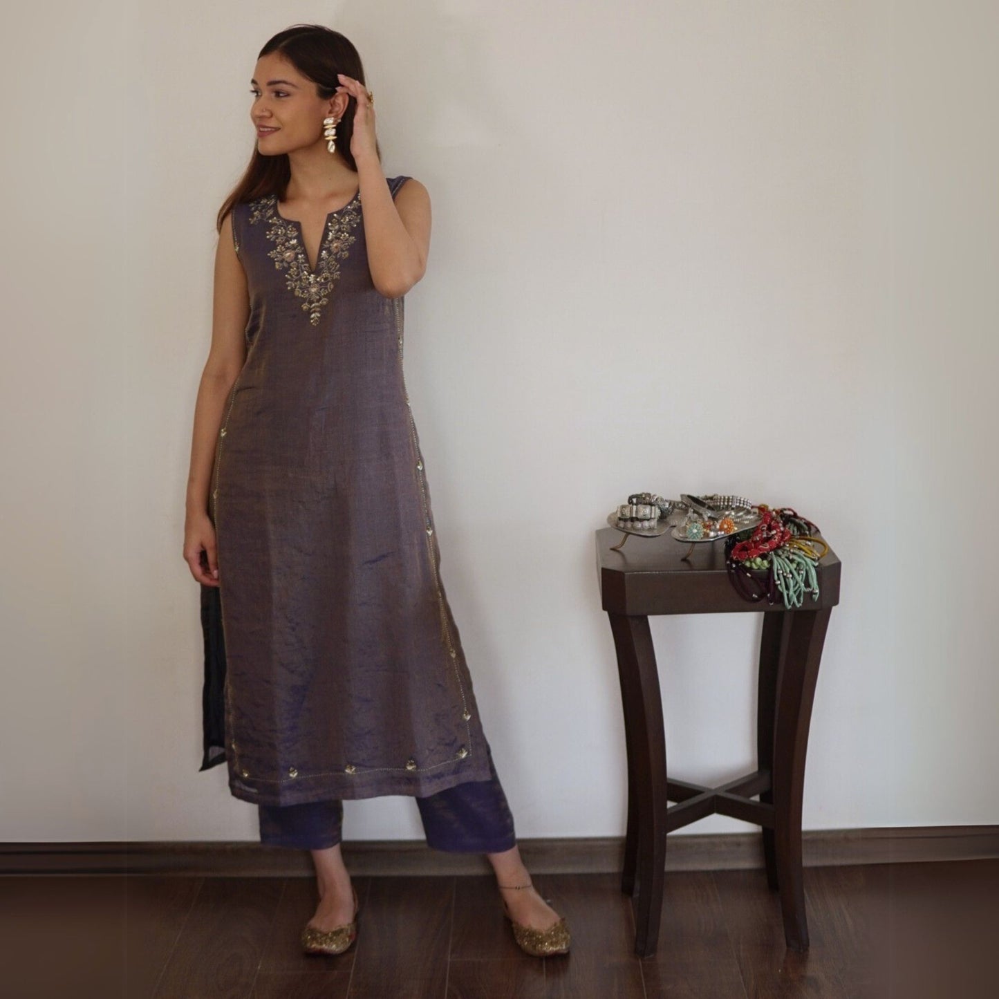 Navy Blue Metallic Chanderi Suit Set with Dupatta