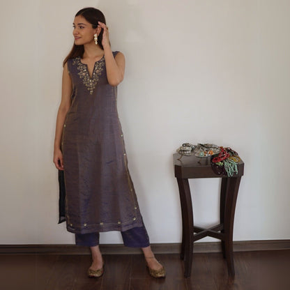 Navy Blue Metallic Chanderi Suit Set with Dupatta