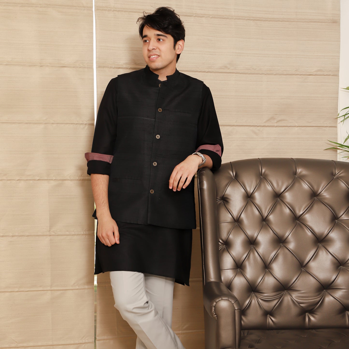 black men's band collar cotton blend kurta