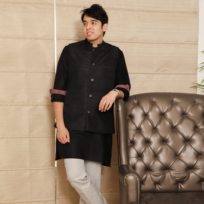 black men's band collar cotton blend kurta