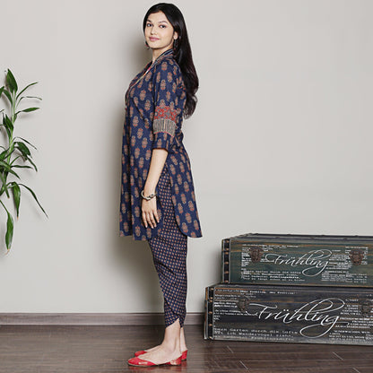 Block printed navy blue embroidered kurta set with dhoti pants