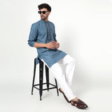 blue Men's band collar cotton silk kurta