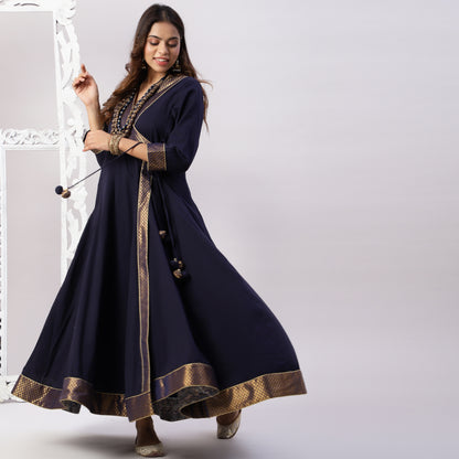 Cotton mulmul floor length full ghera anarkali with brocade and zari detailing