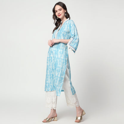 Blue Printed lace detailing kurta