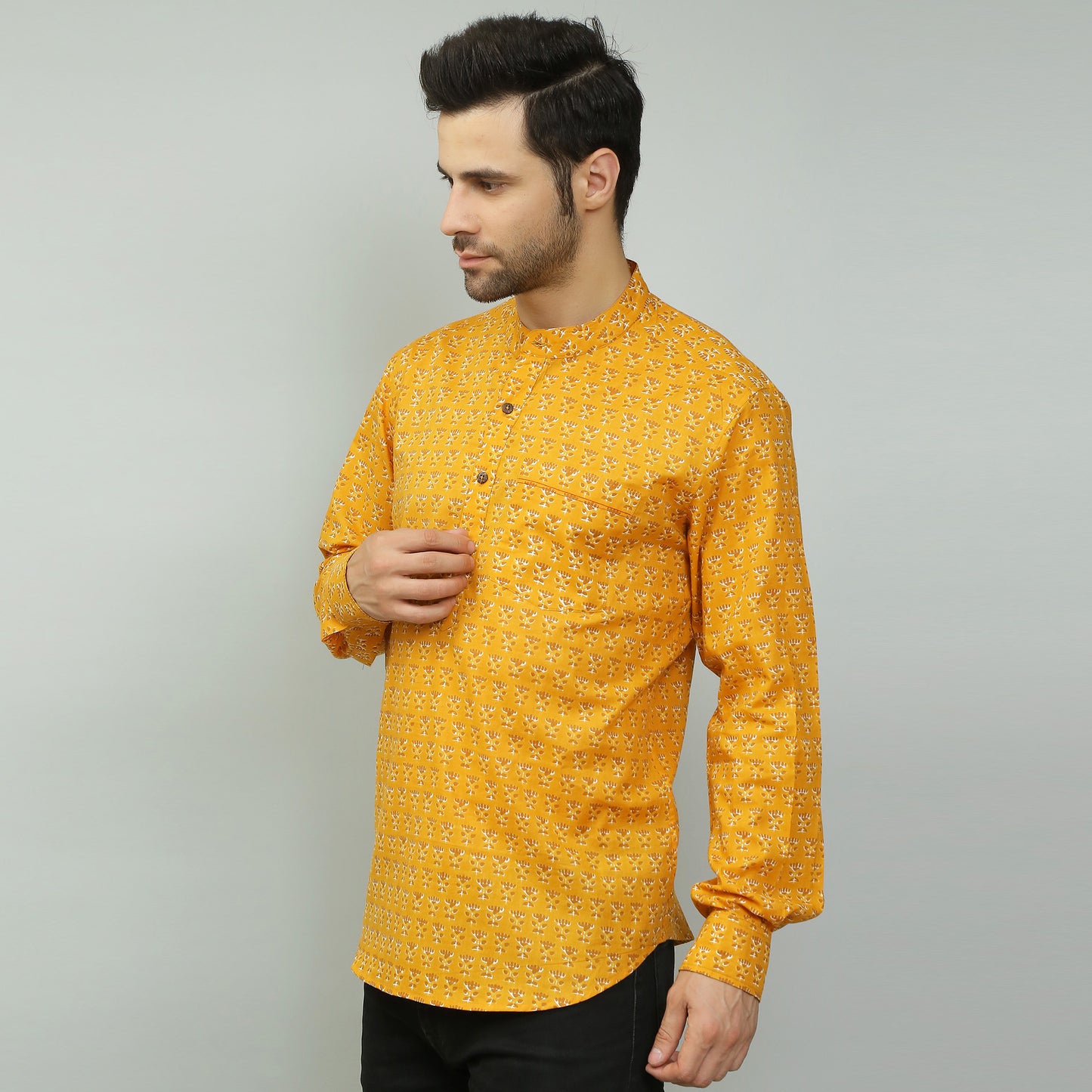 mustard Cotton printed full sleeves kurta style shirt