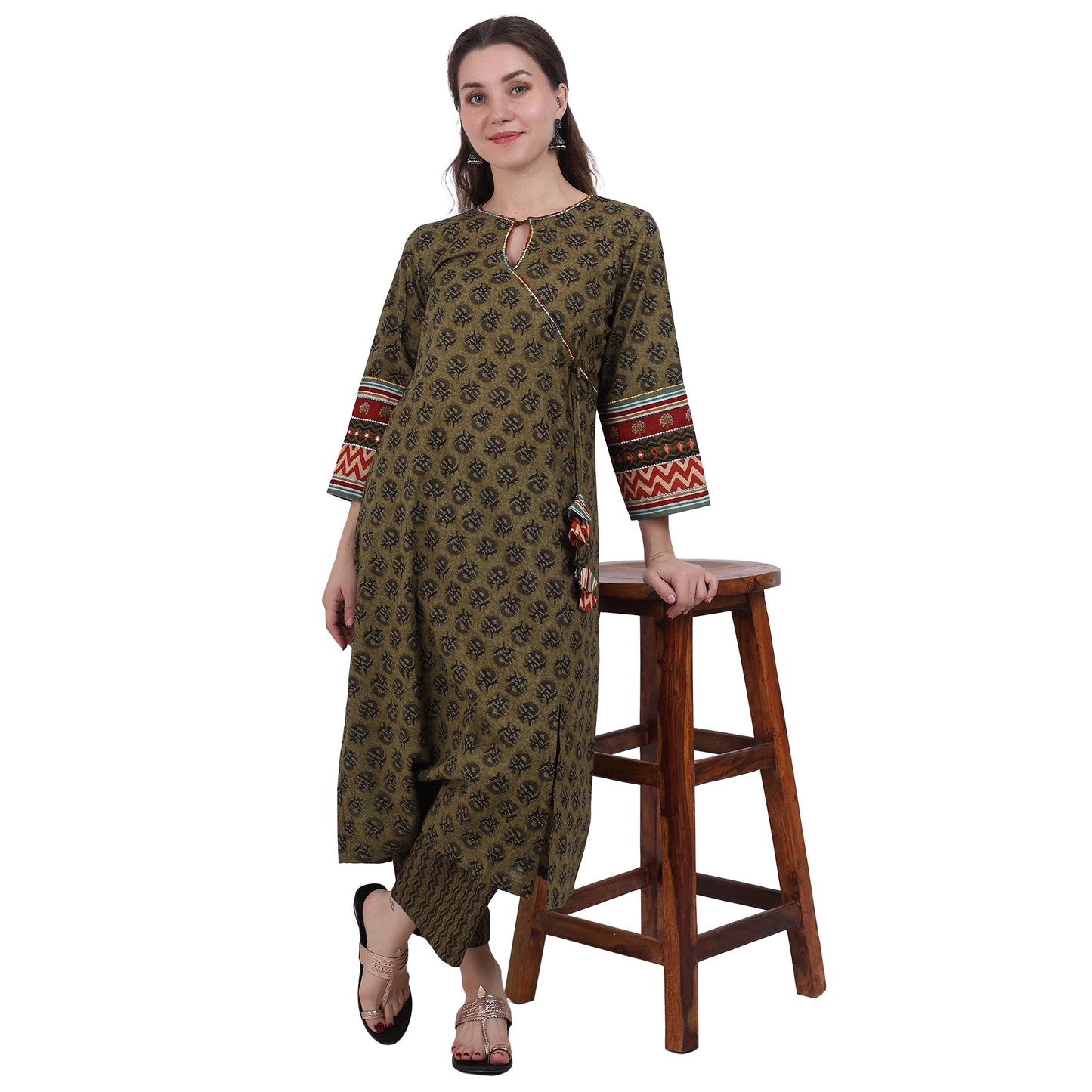 Olive Green Block Printed agarkha Kurta Set