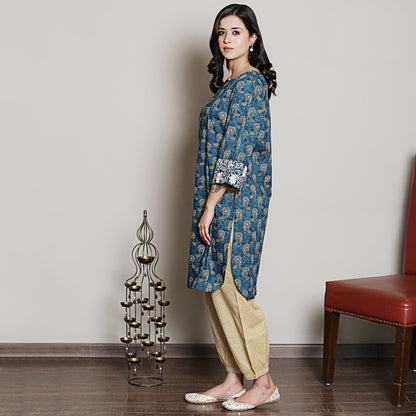Teal embroidered Block Printed Co-ord Set