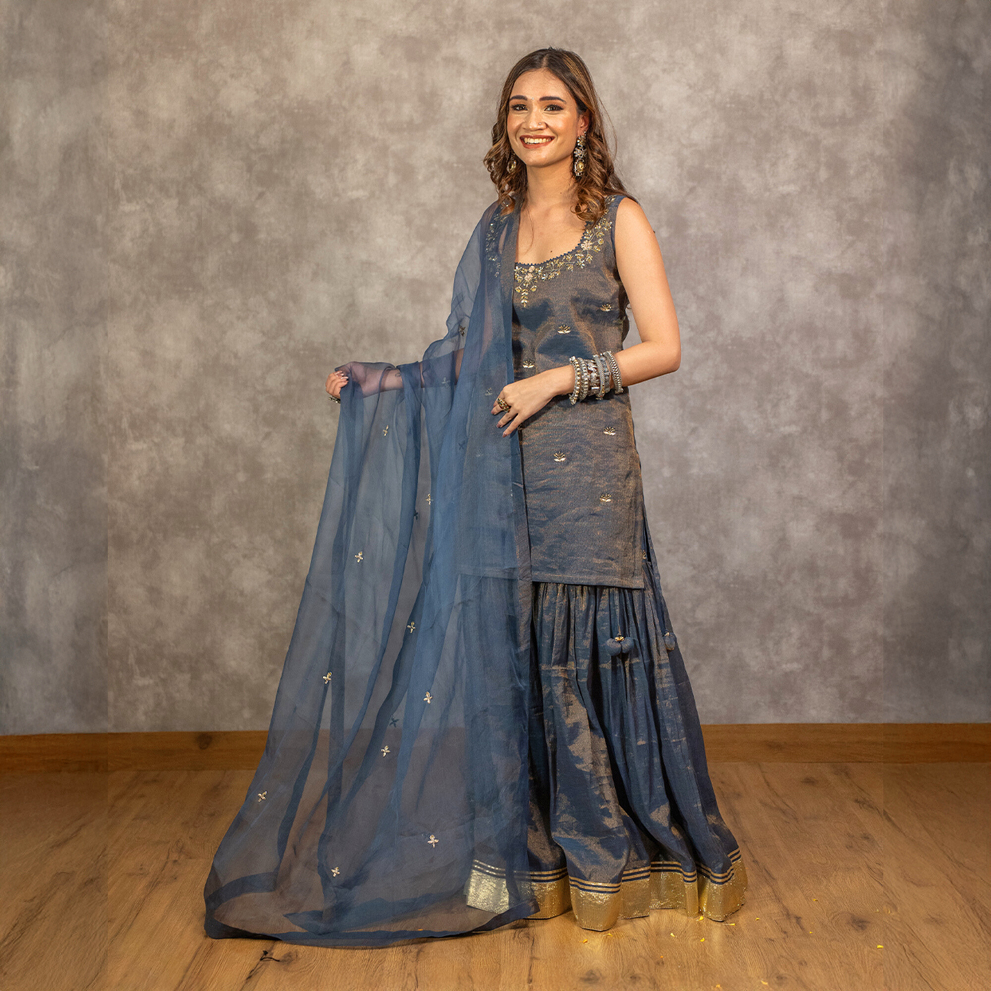 Navy Tissue Chanderi Hand embroidered Sharara Set with Dupatta