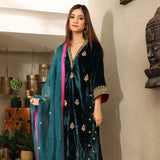 Teal Embroidered Velvet Kurta Set with Mashru Silk Pants & Dupatta