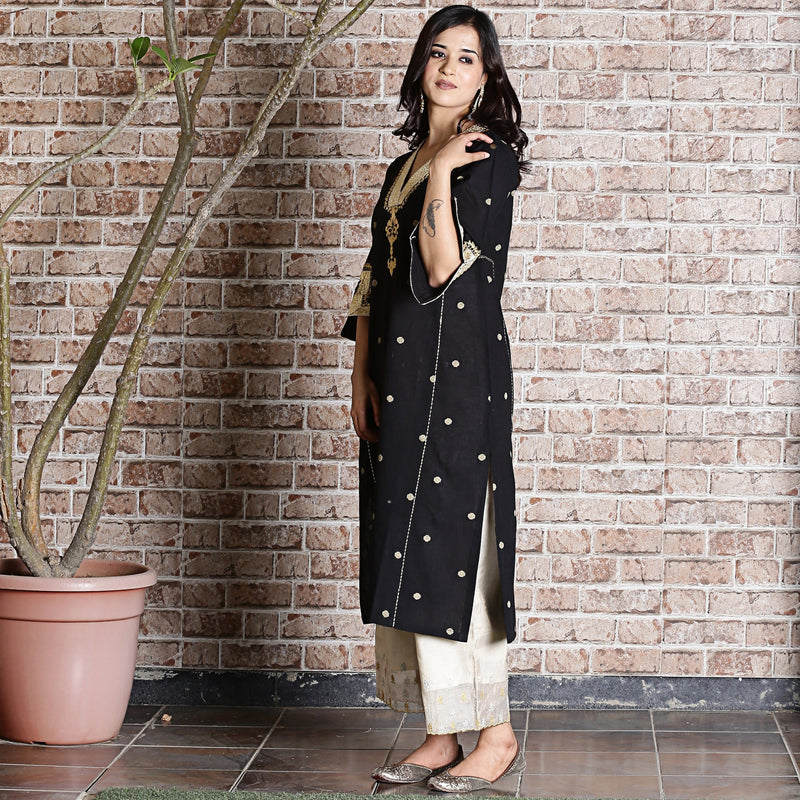 Black cotton jamdani A-line embroidered kurta set