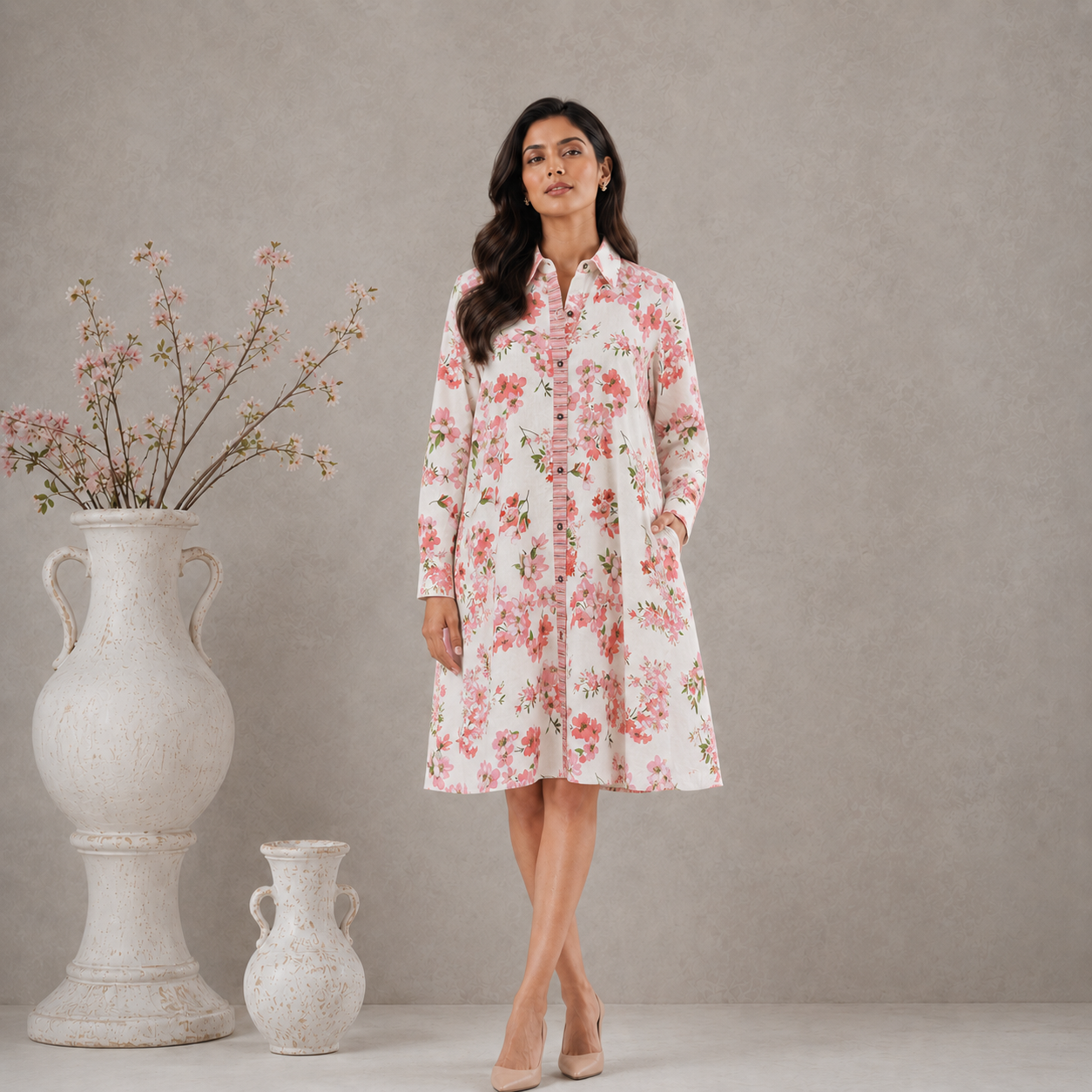 Off-White & Pink Floral Print Shirt Dress - Detail View - Spring Soul
