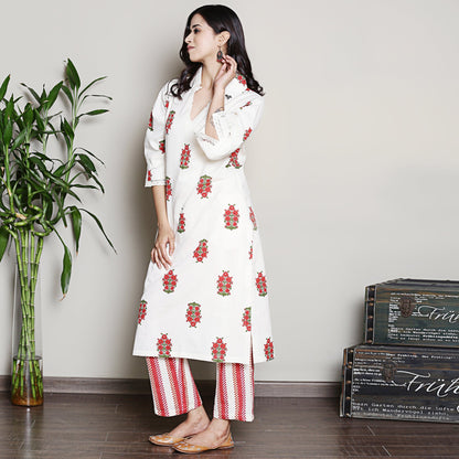 Printed off-white collared A-line kurta