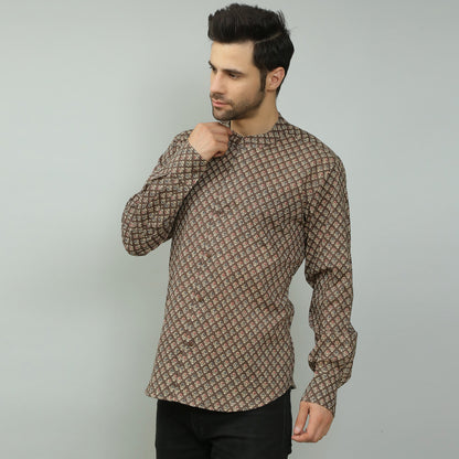brown Cotton printed full sleeves band collar shirt