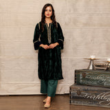 Dark Green Embroidered Crushed Velvet Silk Kurta with Mashru Silk Pants