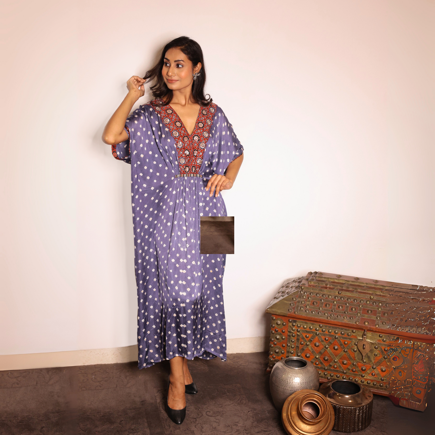 Grey bandhani Modal Silk Kaftan