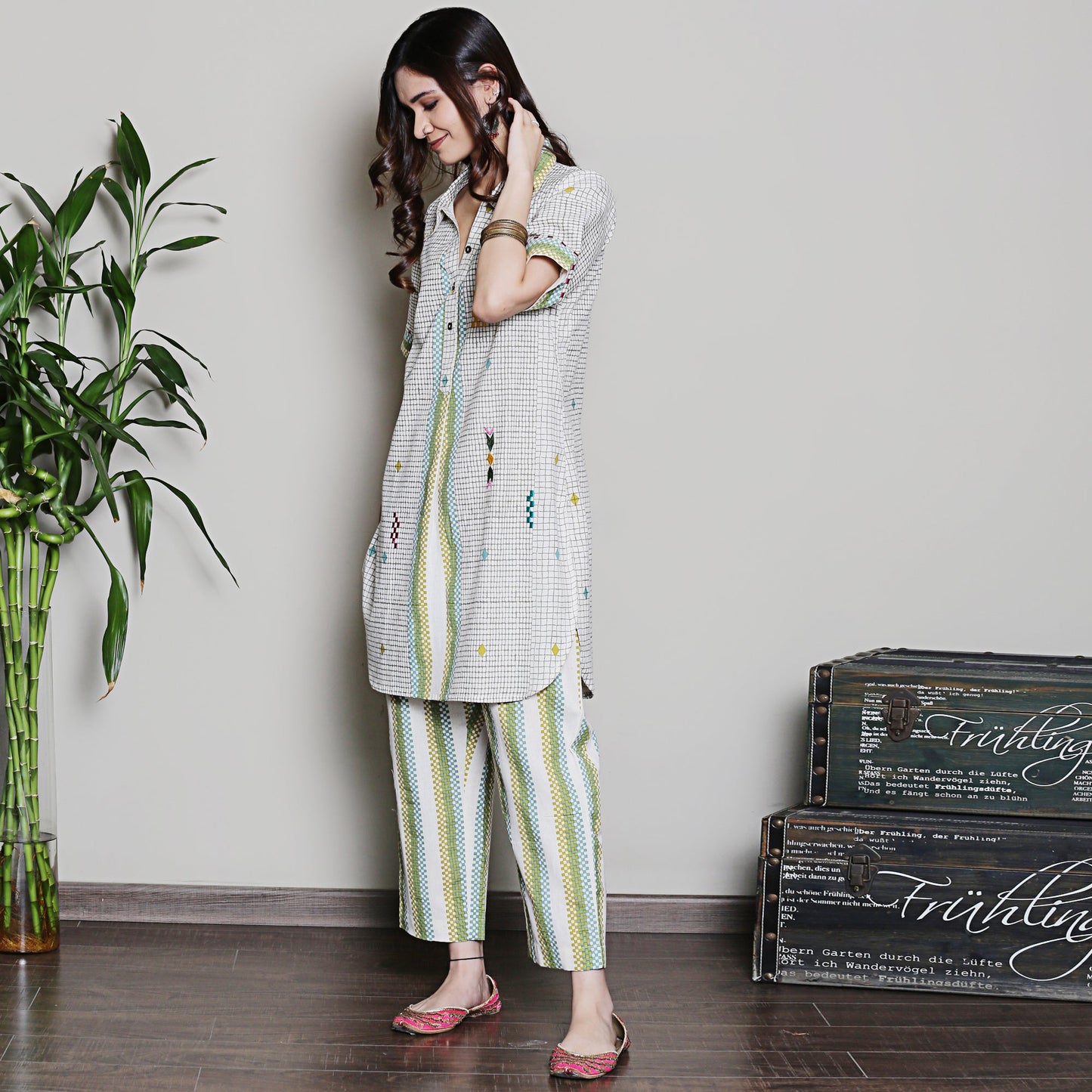 Multi color geometric printed co-ord set with embroidery
