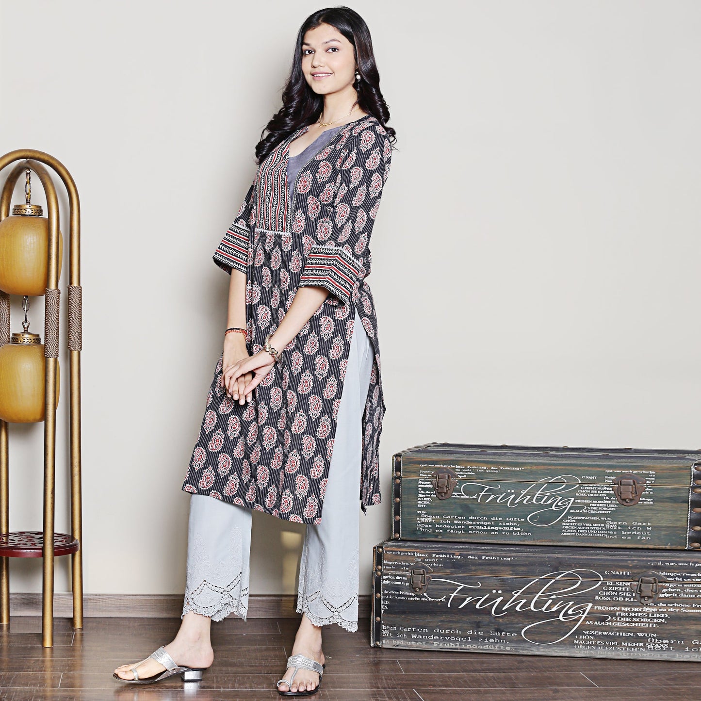Block printed kurta with yoke