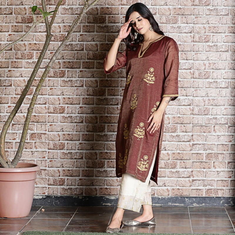 brown chanderi embroidered kurta set