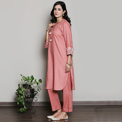 Peach co-ord set with sleeves embroidery