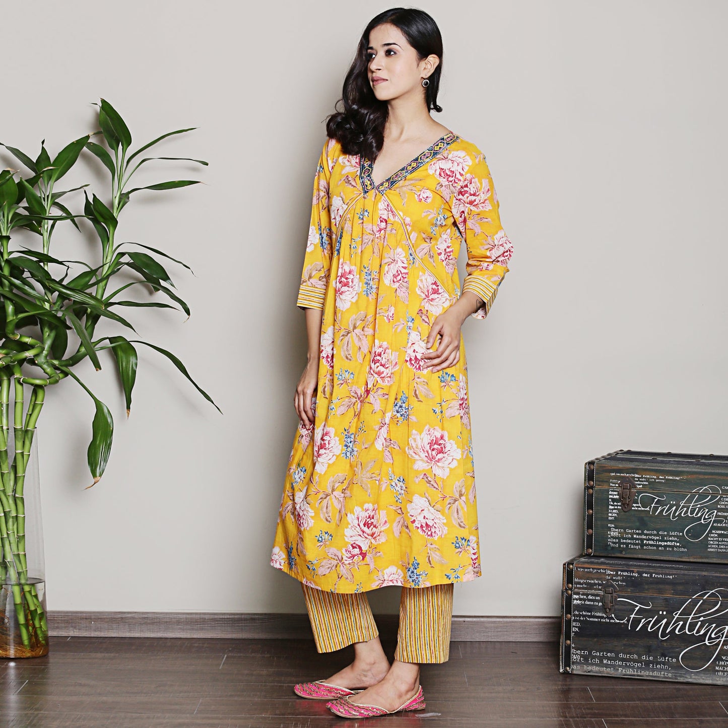 Floral printed yellow A line kurta set