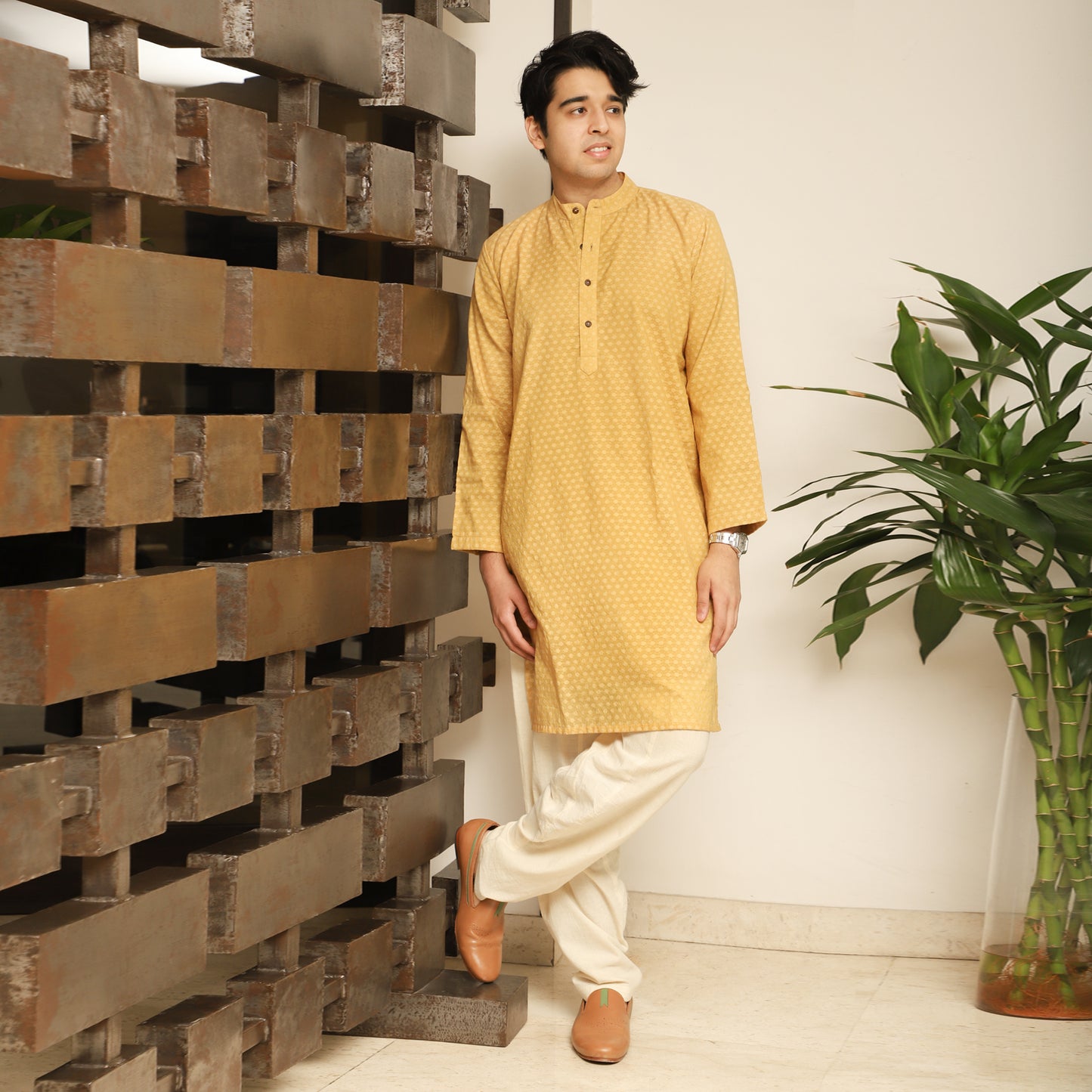 mustard men's printed band collar cotton blend kurta