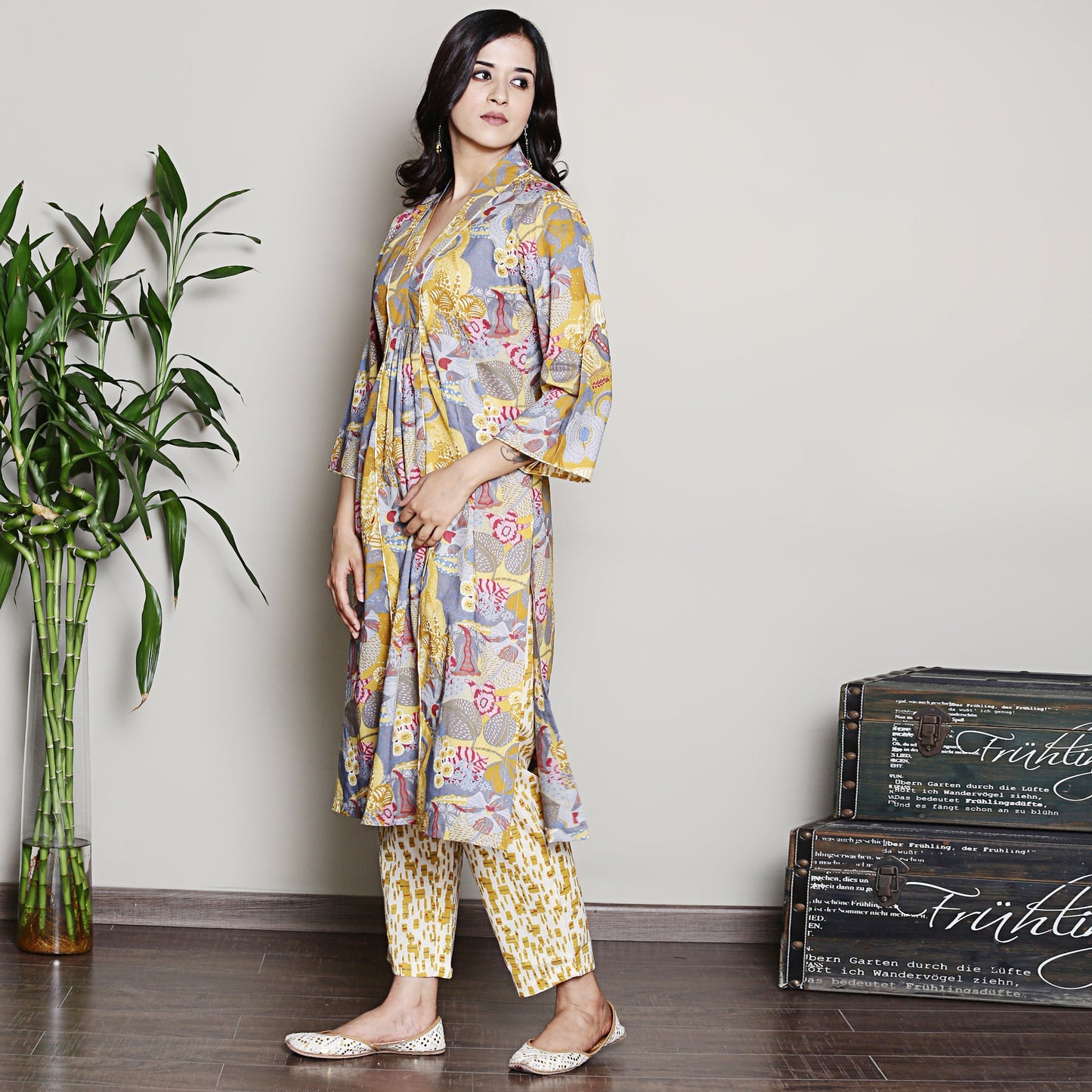 Printed yellow A-line kurta set