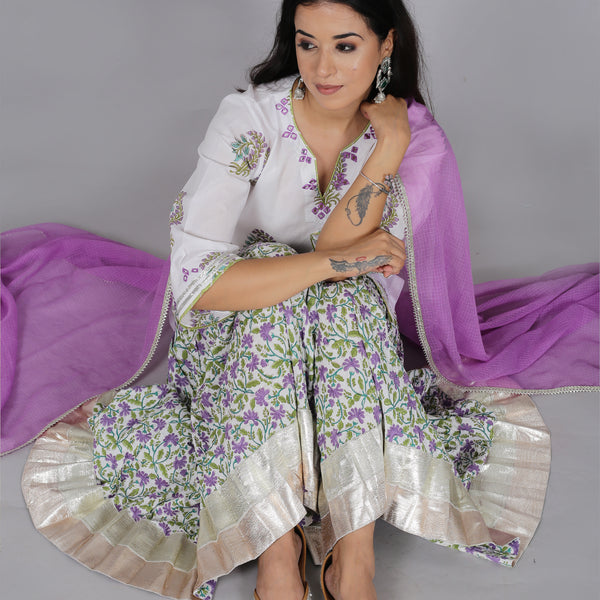 White and Violet printed sharara set