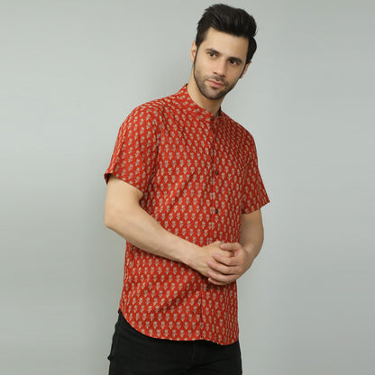 maroon Cotton printed half sleeves band collar shirt