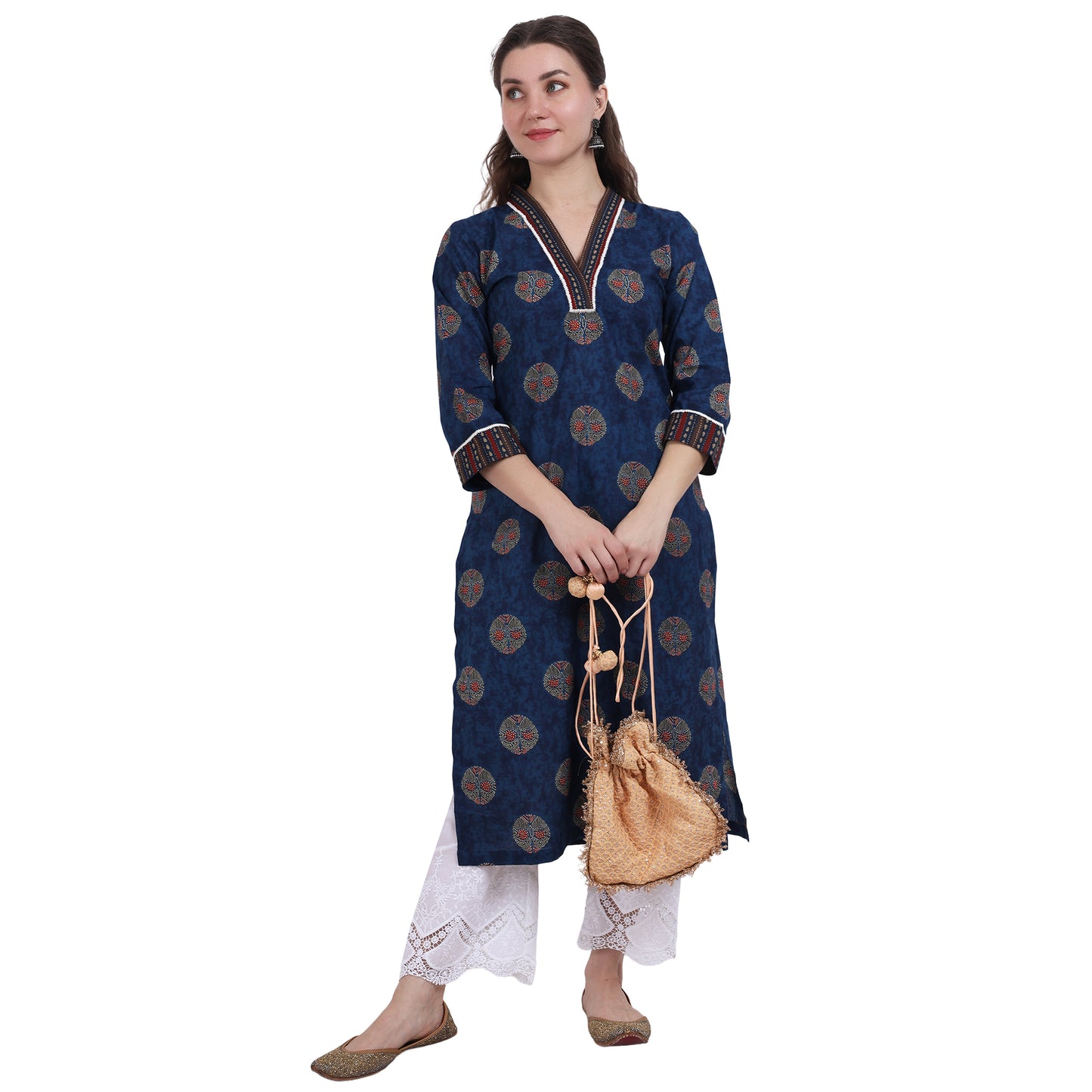 Navy Blue Kurta With Neck Detailing