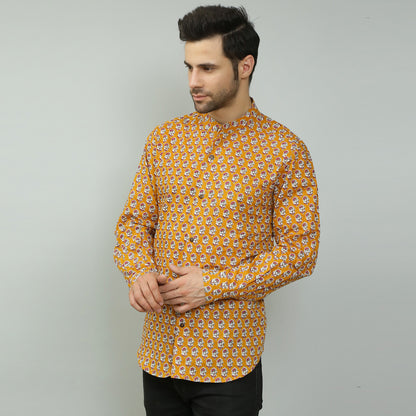mustard Cotton printed full sleeves band collar shirt