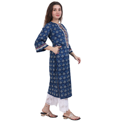 Blue printed Kurta with Neck Detailing