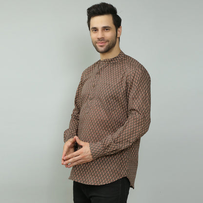 brown Cotton printed full sleeves kurta style shirt