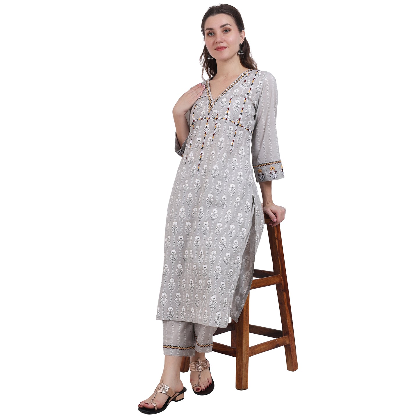 Grey Printed V-neck Kurta Set