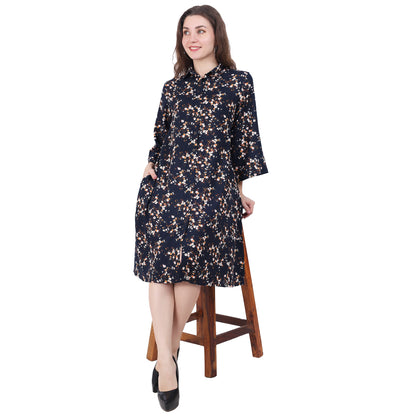 cotton viscose Collared floral Printed Knee-Length Dress