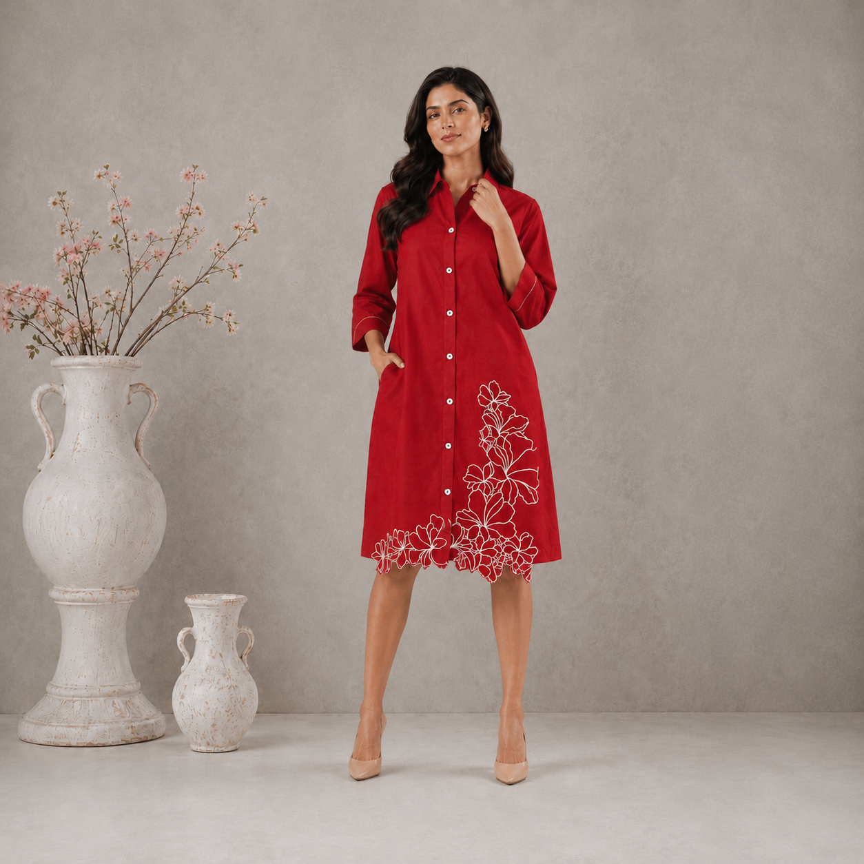 Red Floral Embroidered Poplin Shirt Dress - Detail View - Spring Soul