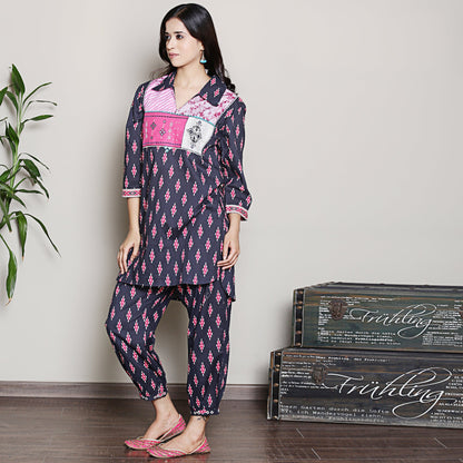 Block Printed navy blue kurta  with yoke detailing