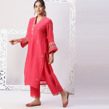 Chanderi embroidered set with organza dupatta